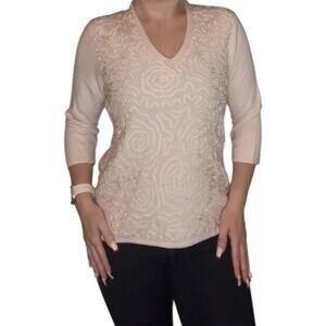 Designers Originals Blush Pink Embroidered Swirl V-Neck Knit Top Sz Medium